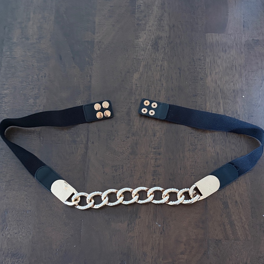 Gold Chain Accent Black Elastic Belt - Women